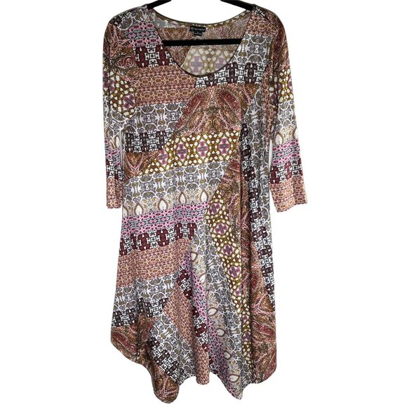 New Directions Boho Swing Dress Small Brown Pink Patchwork Fall Flare - Picture 1 of 12